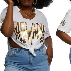 White and Gold Melanin Crew Neck Crop T-Shirt